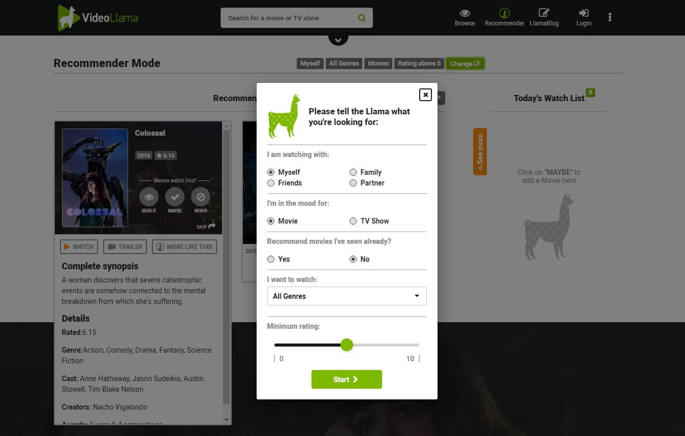 A screenshot of VideoLlama Recommender settings