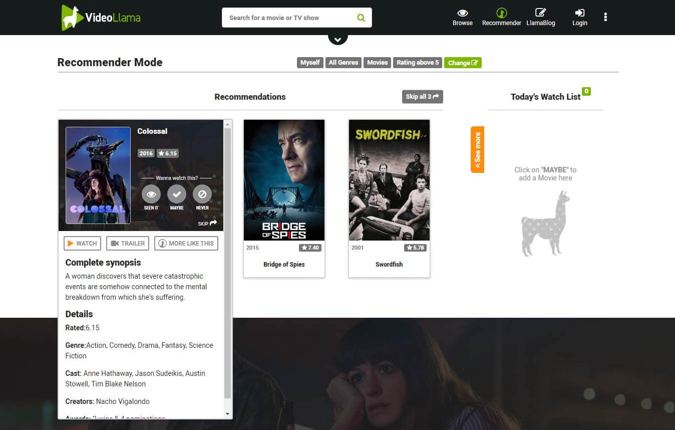 A screenshot of VideoLlama Recommender page